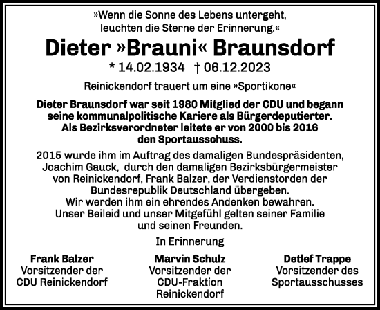Traueranzeige von Dieter Braunsdorf von Berliner Morgenpost