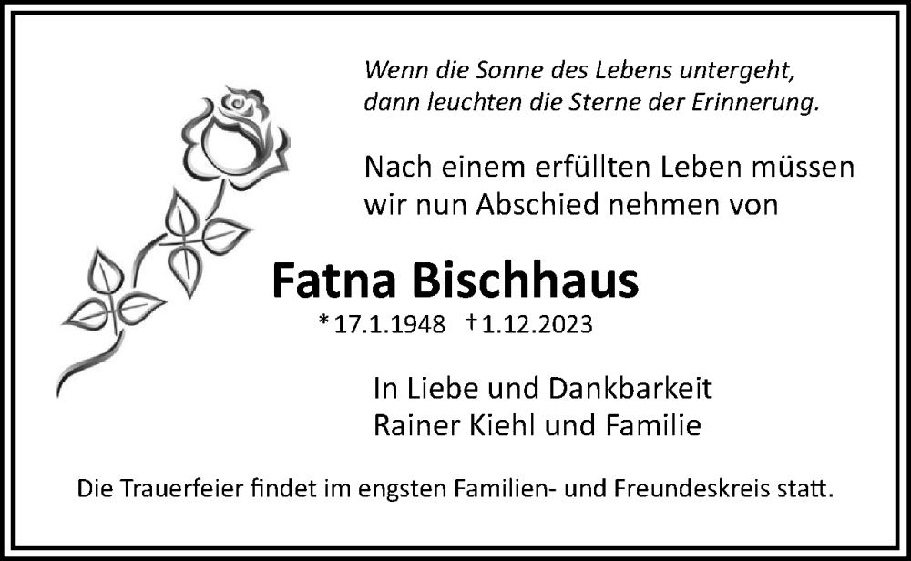  Traueranzeige für Fatna Bischhaus vom 16.12.2023 aus 