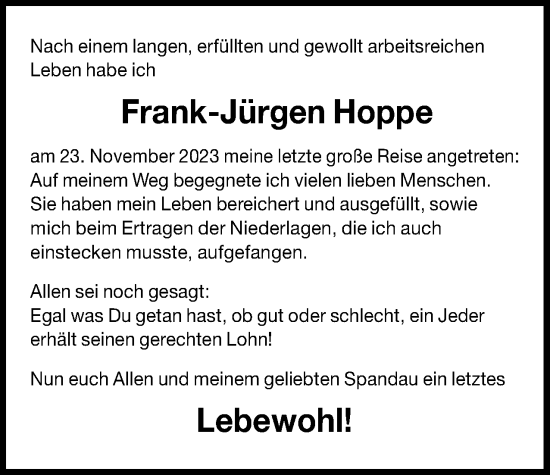 Traueranzeige von Frank-Jürgen Hoppe 