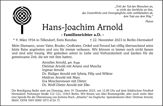 Traueranzeige von Hans-Joachim Arnold von Berliner Morgenpost
