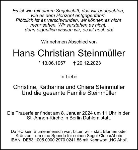 Traueranzeige von Hans Christian Steinmüller von Berliner Morgenpost