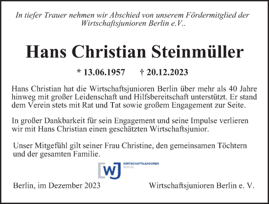 Traueranzeige von Hans Christian Steinmüller von Berliner Morgenpost