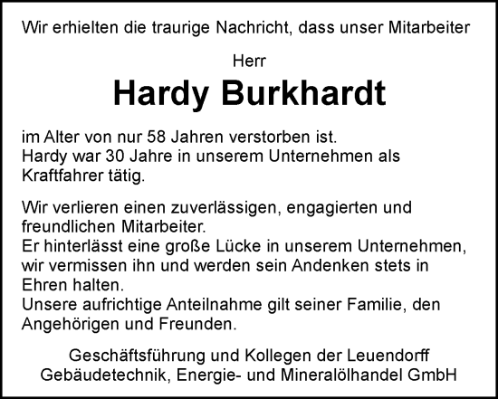 Traueranzeige von Hardy Burkhardt 