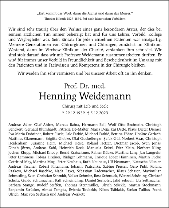 Traueranzeige von Henning Weidemann von Berliner Morgenpost