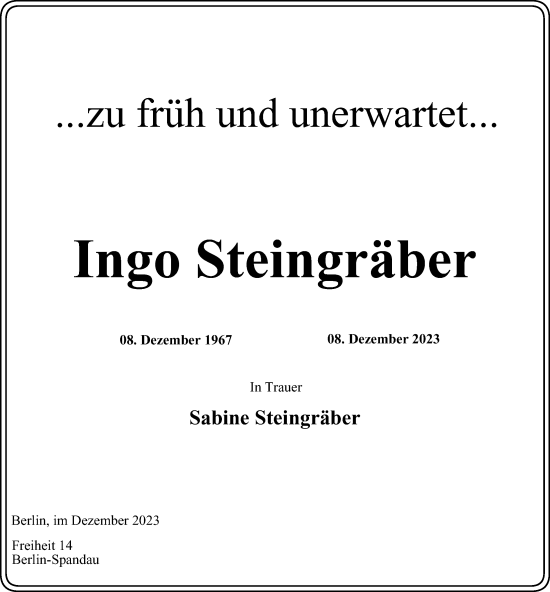 Traueranzeige von Ingo Steingräber von Berliner Morgenpost