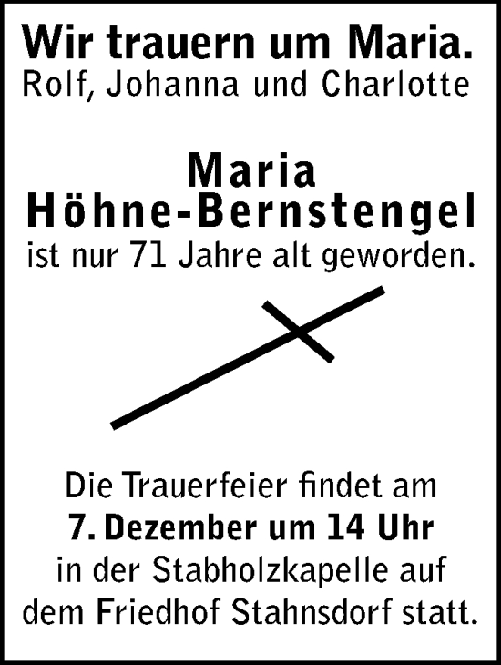 Traueranzeige von Maria Höhne-Bernstengel von Berliner Morgenpost