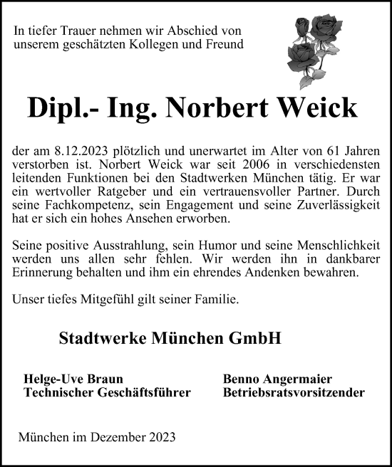 Traueranzeige von Norbert Weick von Berliner Morgenpost