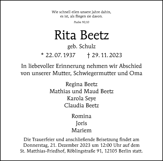 Traueranzeige von Rita Beetz von Berliner Morgenpost