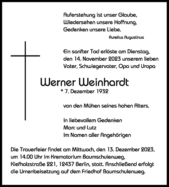 Traueranzeige von Werner Weinhardt 