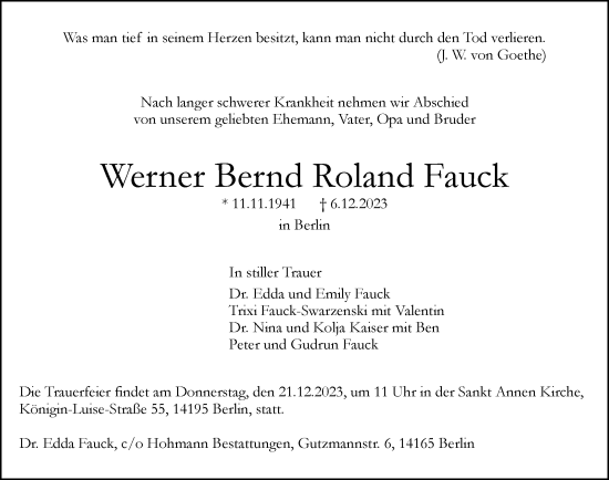 Traueranzeige von Werner Bernd Roland Fauck von Berliner Morgenpost