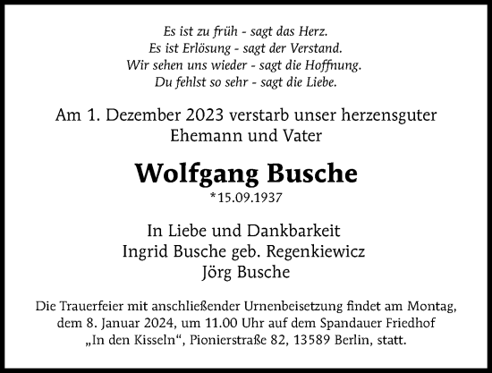 Traueranzeige von Wolfgang Busche von Berliner Morgenpost