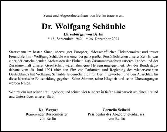 Traueranzeige von Wolfgang Schäuble von Berliner Morgenpost