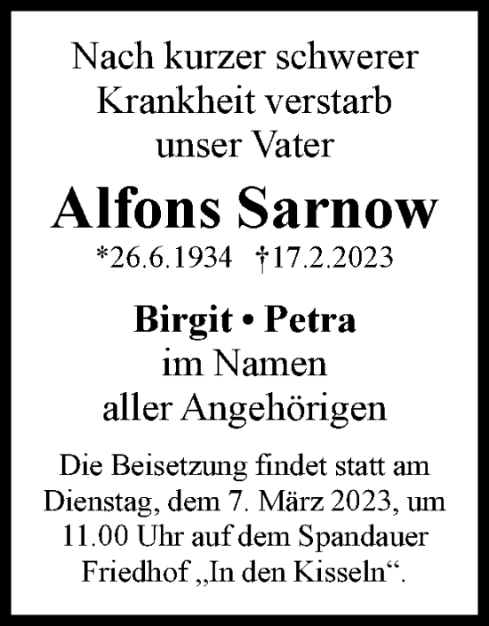 Traueranzeige von Alfons Sarnow von Berliner Woche / Spandauer Volksblatt