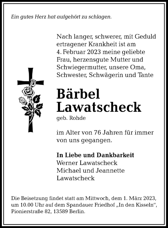 Traueranzeige von Bärbel Lawatscheck von Berliner Woche / Spandauer Volksblatt