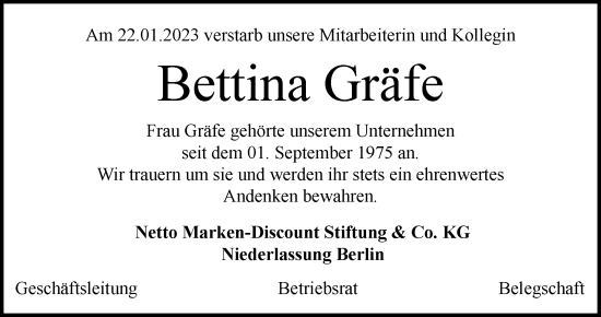 Traueranzeige von Bettina Gräfe von Berliner Woche / Spandauer Volksblatt