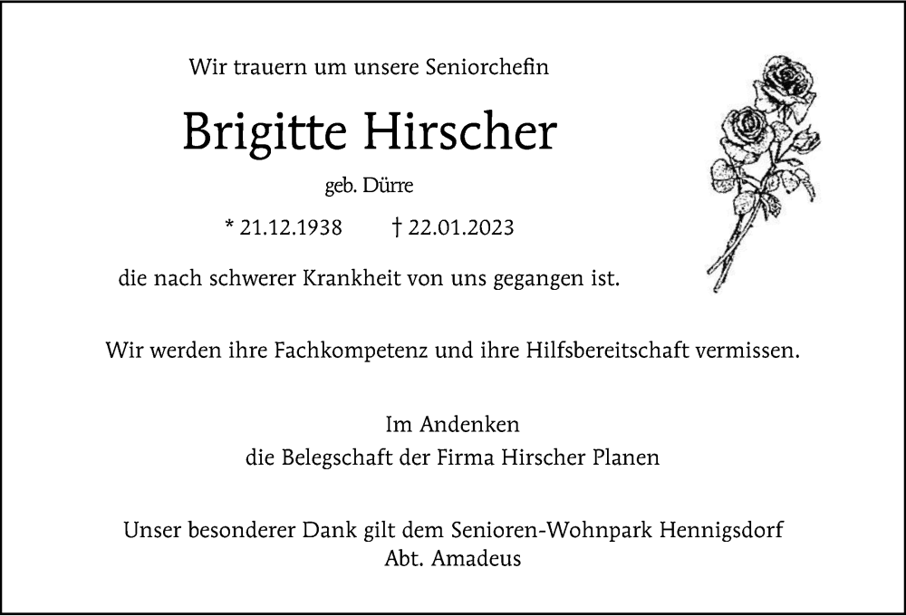  Traueranzeige für Brigitte Hirscher vom 05.02.2023 aus Berliner Morgenpost
