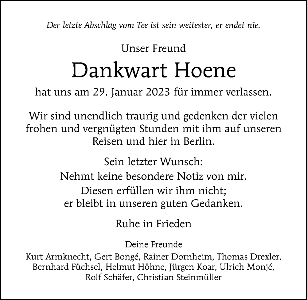  Traueranzeige für Dankwart Hoene vom 05.02.2023 aus Berliner Morgenpost