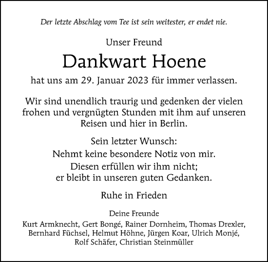 Traueranzeige von Dankwart Hoene von Berliner Morgenpost