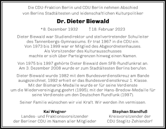 Traueranzeige von Dieter Biewald von Berliner Morgenpost