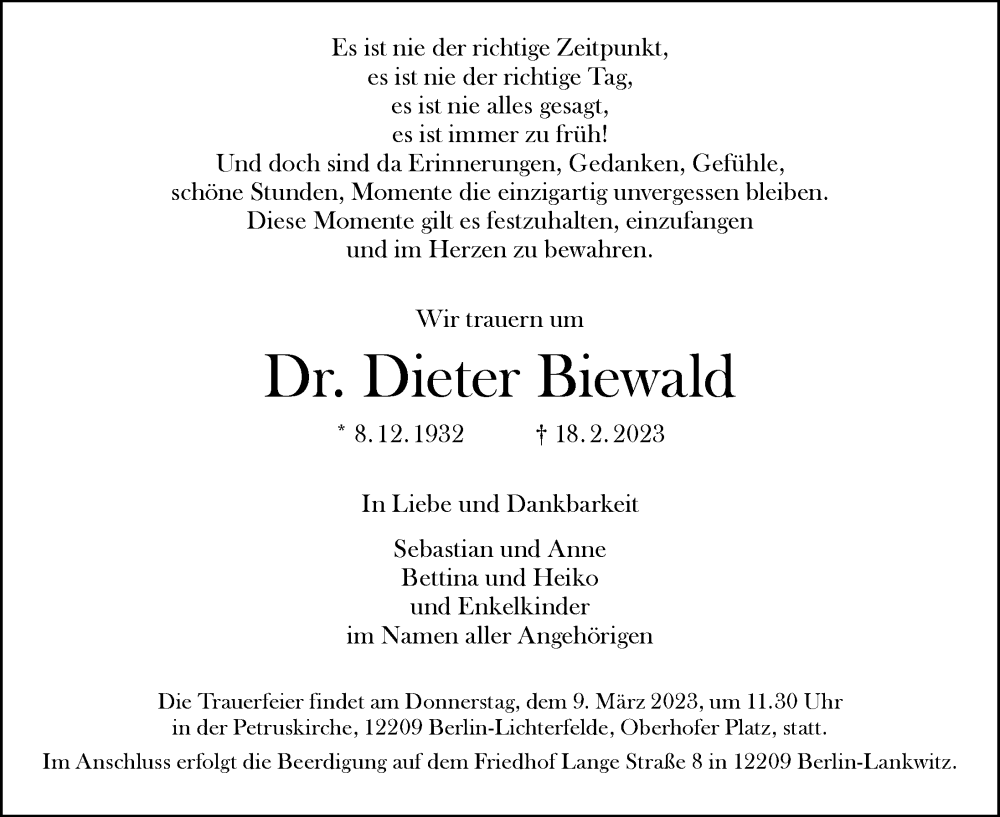  Traueranzeige für Dieter Biewald vom 26.02.2023 aus Berliner Morgenpost