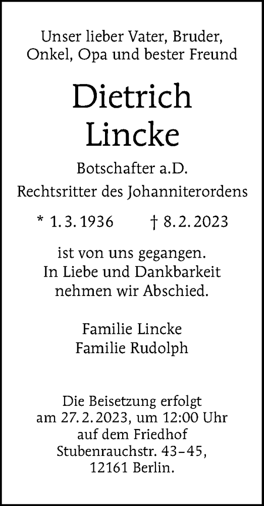 Traueranzeige von Dietrich Lincke von Berliner Morgenpost