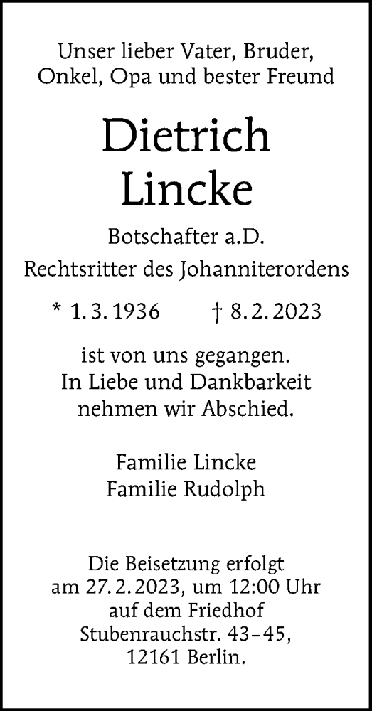  Traueranzeige für Dietrich Lincke vom 19.02.2023 aus Berliner Morgenpost