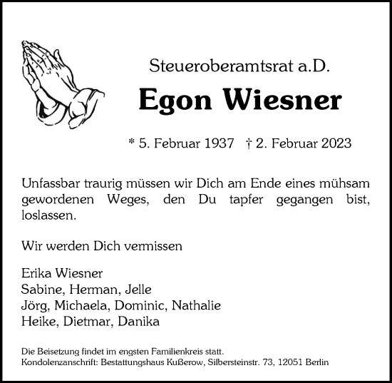 Traueranzeige von Egon Wiesner von Berliner Morgenpost