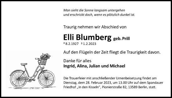 Traueranzeige von Elli Blumberg von Berliner Woche / Spandauer Volksblatt