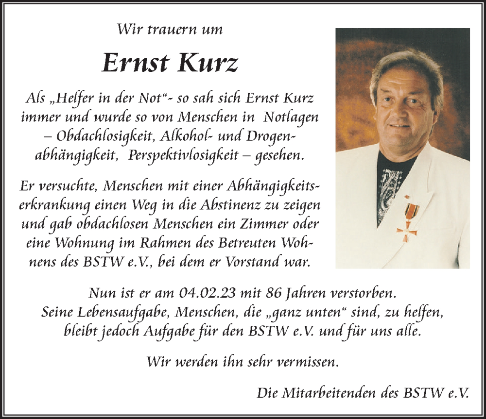  Traueranzeige für Ernst Kurz vom 18.02.2023 aus Berliner Woche / Spandauer Volksblatt