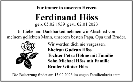 Traueranzeige von Ferdinand Höss von Berliner Woche / Spandauer Volksblatt