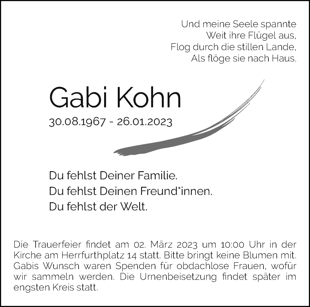  Traueranzeige für Gabi Kohn vom 12.02.2023 aus Berliner Morgenpost