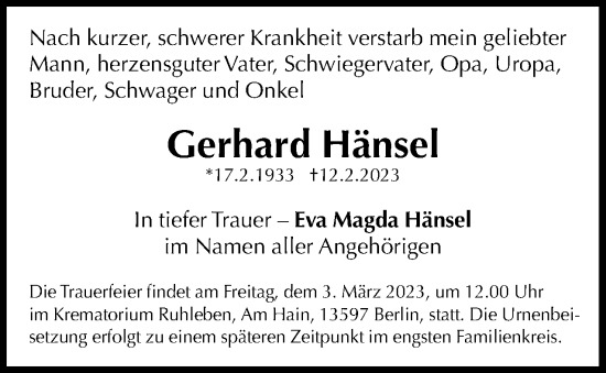 Traueranzeige von Gerhard Hänsel von Berliner Woche / Spandauer Volksblatt