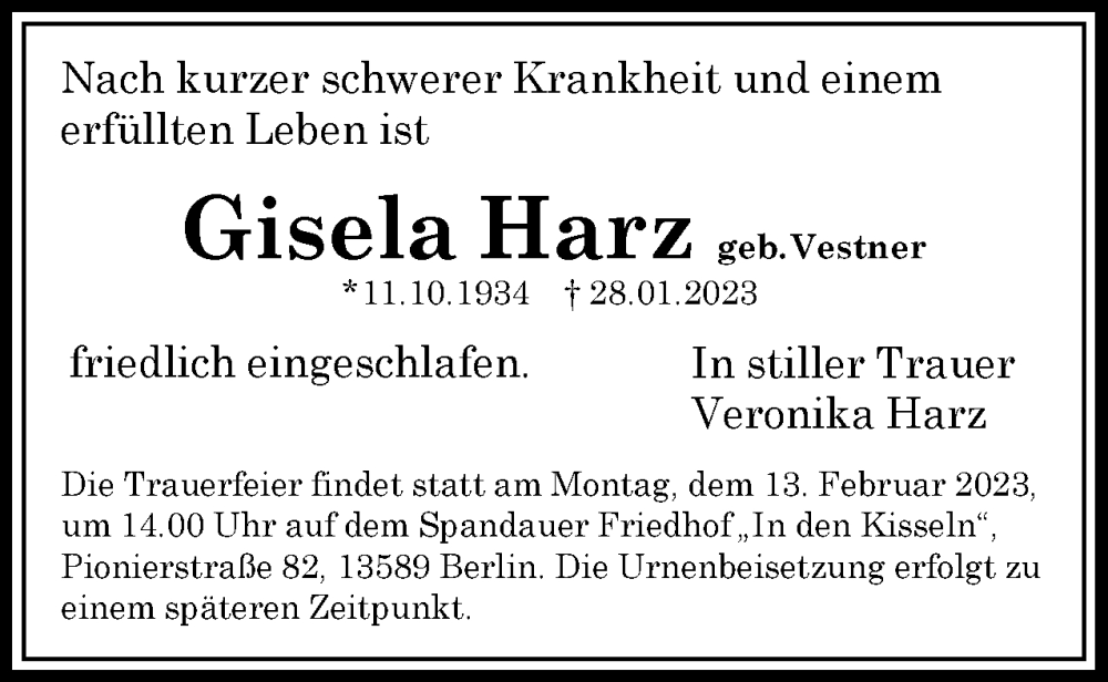  Traueranzeige für Gisela Harz vom 04.02.2023 aus Berliner Woche / Spandauer Volksblatt