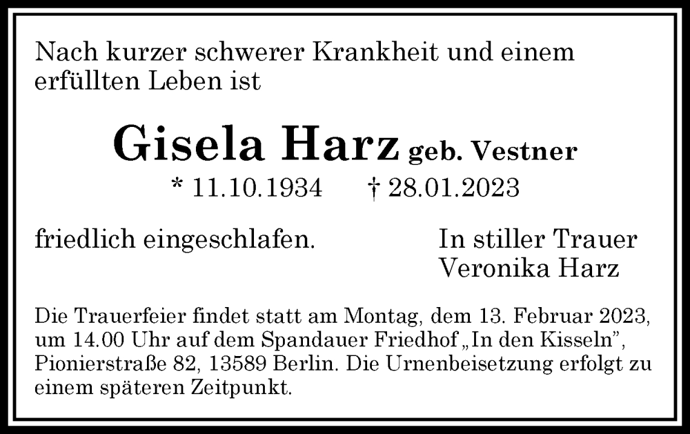  Traueranzeige für Gisela Harz vom 05.02.2023 aus Berliner Morgenpost