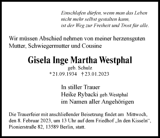 Traueranzeige von Gisela Inge Martha Westphal von Berliner Woche / Spandauer Volksblatt