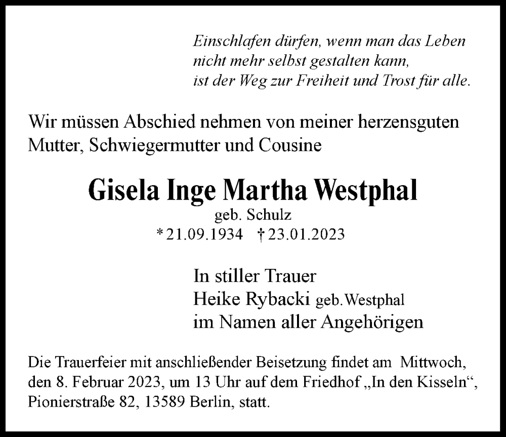  Traueranzeige für Gisela Inge Martha Westphal vom 04.02.2023 aus Berliner Woche / Spandauer Volksblatt