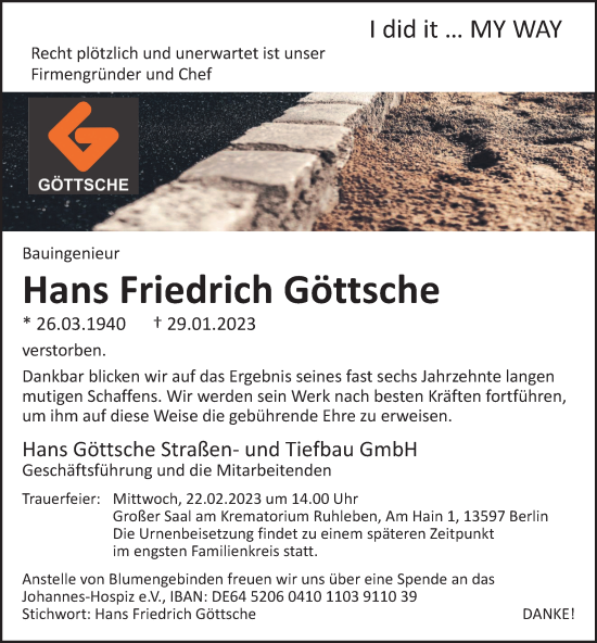 Traueranzeige von Hans Friedrich Göttsche von Berliner Morgenpost