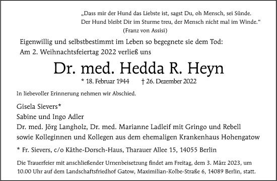 Traueranzeige von Hedda R. Heyn von Berliner Morgenpost