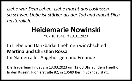 Traueranzeige von Heidemarie Nowinski von Berliner Woche / Spandauer Volksblatt