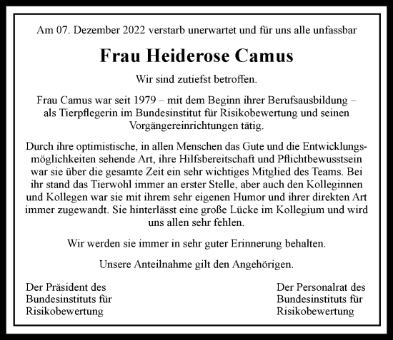 Traueranzeige von Heiderose Camus von Berliner Morgenpost