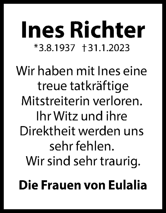Traueranzeige von Ines Richter von Berliner Woche / Spandauer Volksblatt