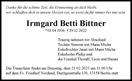 Traueranzeige von Irmgard  Bittner von Berliner Woche / Spandauer Volksblatt