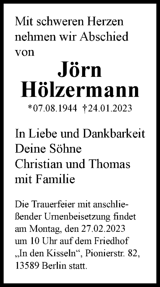 Traueranzeige von Jörn Hölzermann von Berliner Woche / Spandauer Volksblatt