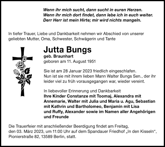 Traueranzeige von Jutta Bungs von Berliner Woche / Spandauer Volksblatt