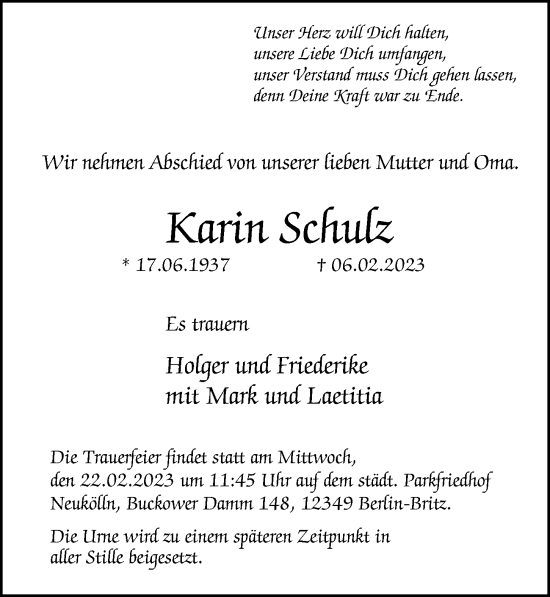 Traueranzeige von Karin Schulz von Berliner Morgenpost