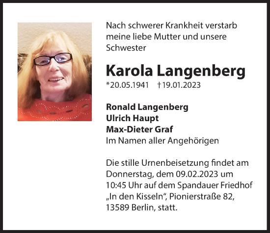 Traueranzeige von Karola Langenberg von Berliner Woche / Spandauer Volksblatt