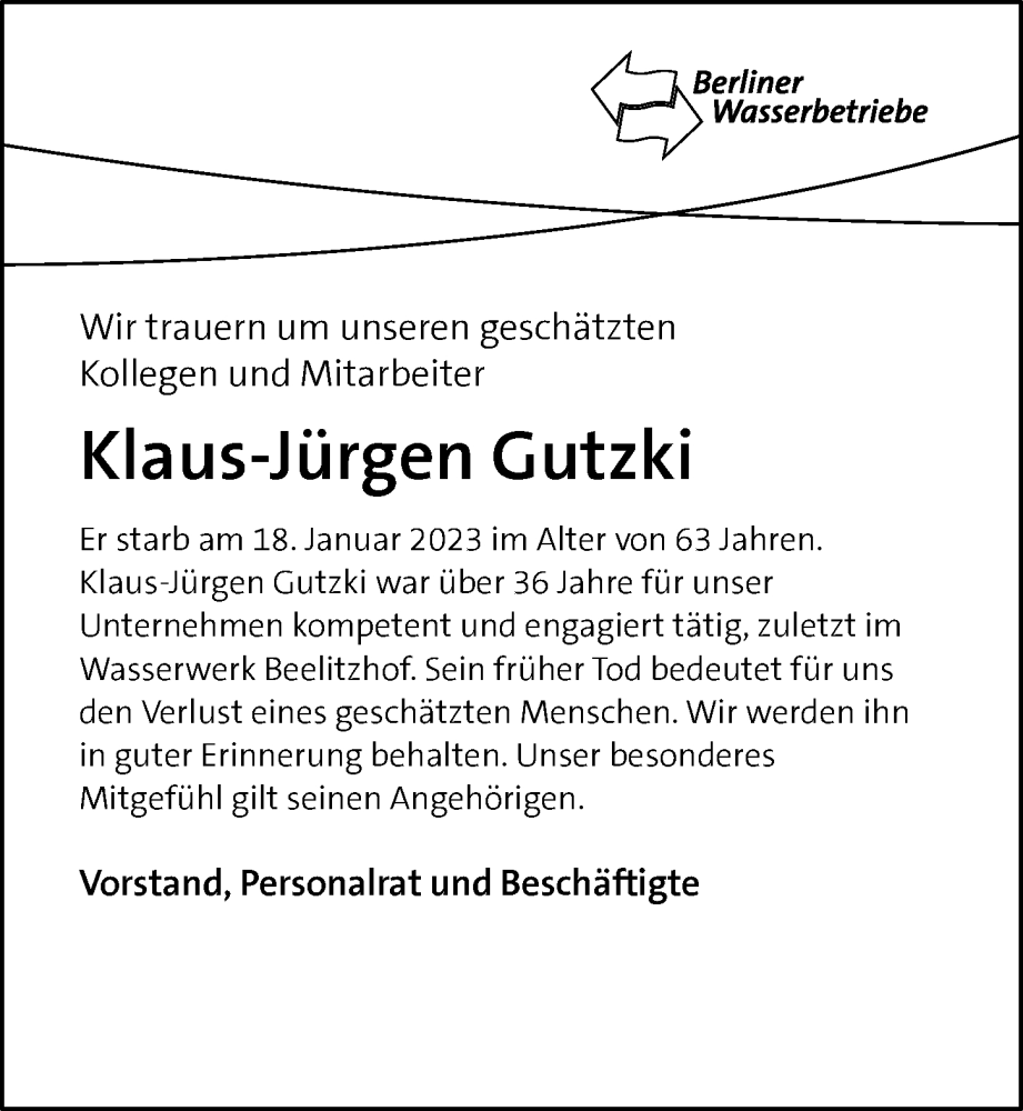  Traueranzeige für Klaus-Jürgen Gutzki vom 05.02.2023 aus Berliner Morgenpost