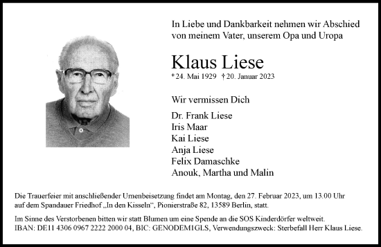 Traueranzeige von Klaus Liese von Berliner Woche / Spandauer Volksblatt