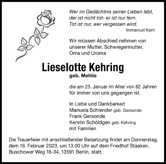 Traueranzeige von Lieselotte Kehring von Berliner Woche / Spandauer Volksblatt