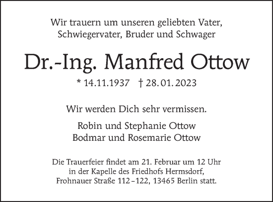 Traueranzeige von Manfred Ottow von Berliner Morgenpost